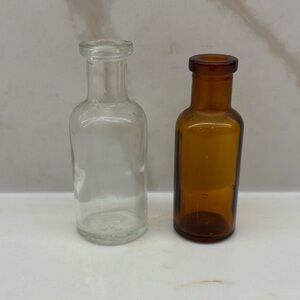 Pair of Antique Glass Apothecary Pharmacy Bottles Clear 30ml and Amber 20ml